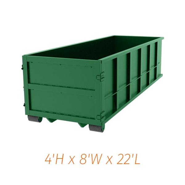 you can rent twenty yard dumpsters for a duration of 7-10 days typically